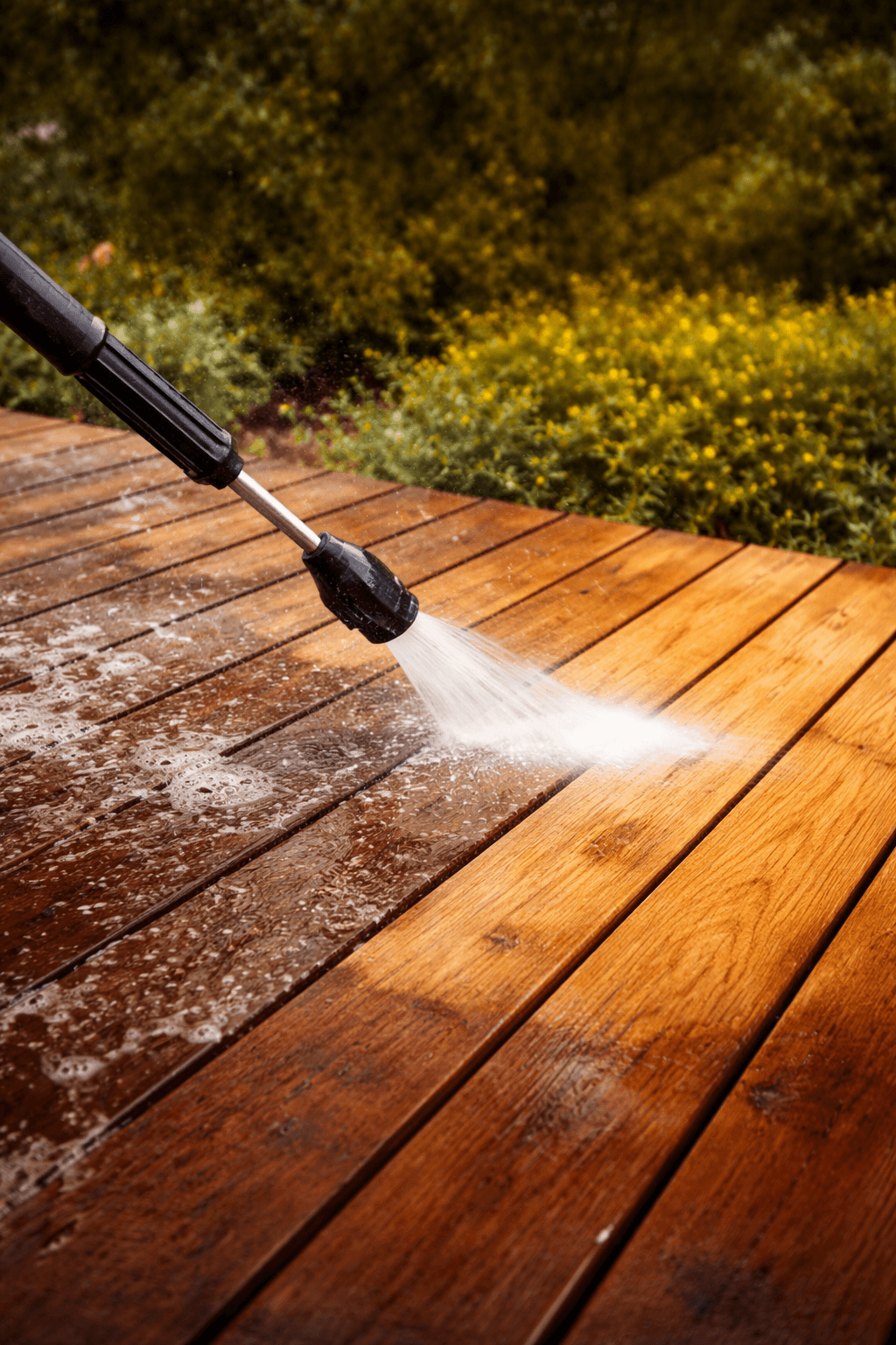 Professional deck cleaning — power washing removes dirt, mould and grey weathering