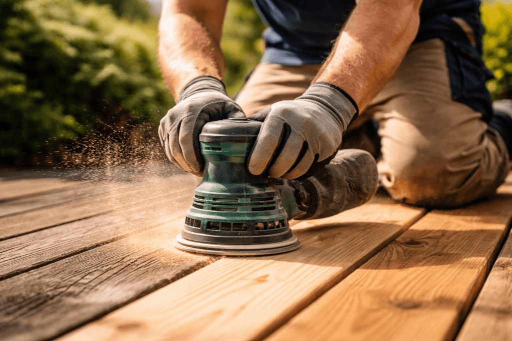 Deck refinishing — sanding and stripping weathered wood to restore original beauty